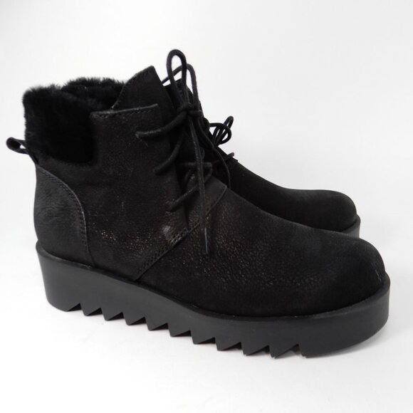 Eileen Fisher Kenille Wedge Bootie Size 6 Black Suede Genuine Shearling Trim NEW - Picture 13 of 14